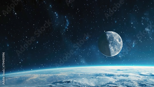 Earth's horizon with moon and stars from space photo