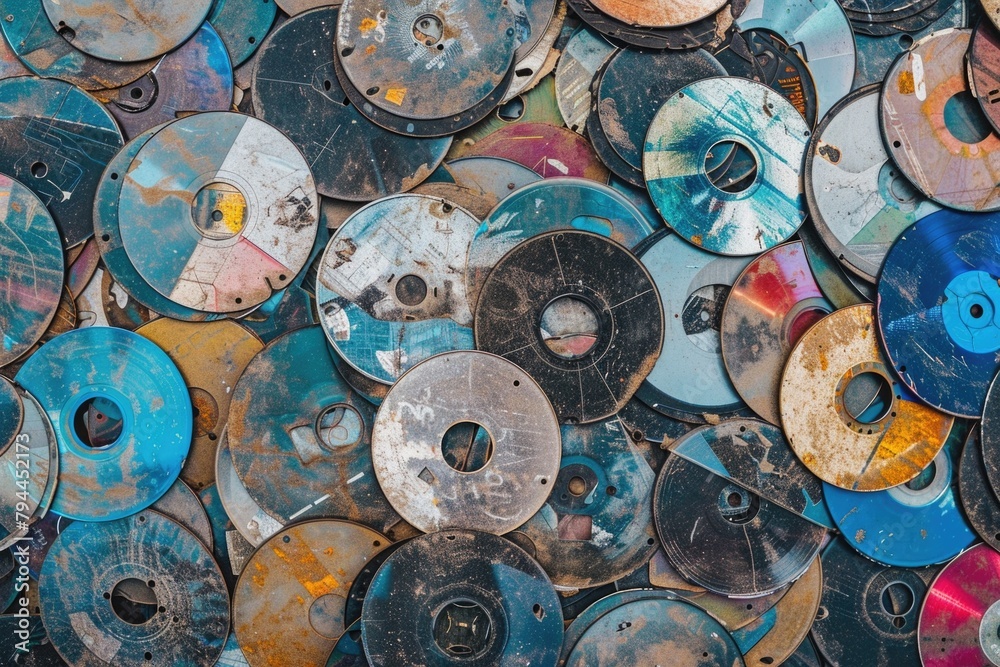 Fototapeta premium Pile of Old and Scratched CDs and DVDs in Various Conditions Representing Digital Storage Evolution