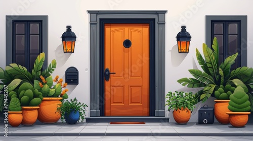 Decorative front house door. Facade with potted street plants, doorsteps, lanterns, mailbox, peephole. Building facade. Flat modern illustration isolated on white background.