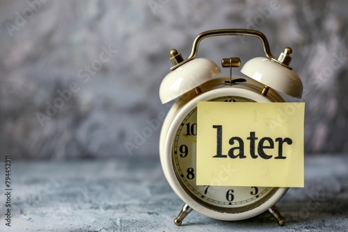 Close-up of an Alarm Clock with a Yellow Sticky Note Reading later