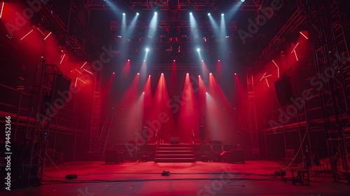 A Live stage production being built in a center stage type venue. Stage rigging equipment, lighting trusses, stairs and PA systems being carried in. 4K 