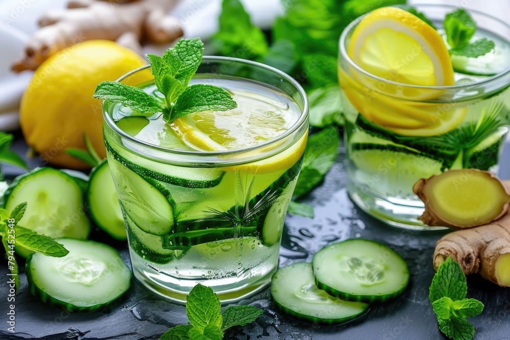 Detox cucumber water with lemon and mint in transparent glasses on a dark surface Detox cucumber water with lemon and mint in transparent glasses on a dark surface