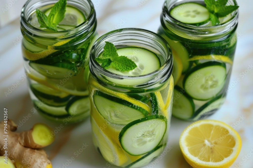 Detox cucumber water with lemon and mint in transparent glasses on a dark surface Detox cucumber water with lemon and mint in transparent glasses on a dark surface