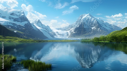 Landscape view of a mountain and a lake, glacier, tranquil, clear blue sky, calm HD wallpaper, ai generative. Landscape view of a mountain and a lake, glacier, tranquil, clear blue sky