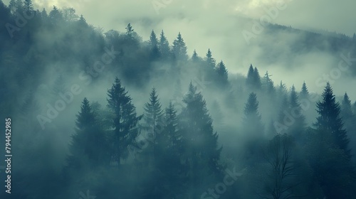 Misty fir forest beautiful landscape in hipster vintage retro style foggy mountains and trees © Love Mohammad