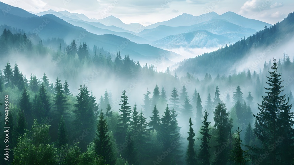 Misty fir forest beautiful landscape in hipster vintage retro style foggy mountains and trees