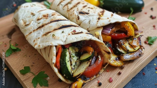 Vegan tortilla wrap, roll with grilled vegetables