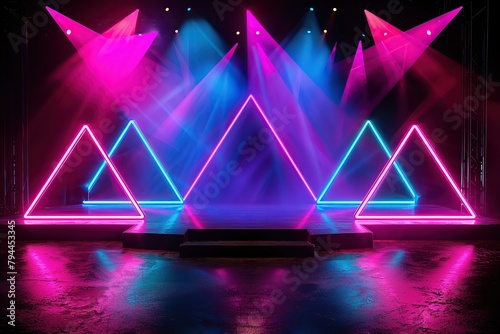 empty stage with neon light triangle background.