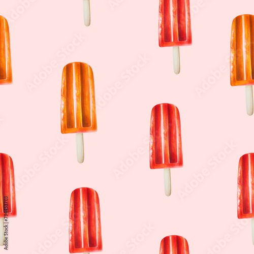 Ice cream seamless pattern. Watercolor illustration of fruit popsicle on a stick isolated on background. Beautiful hand painted refreshing dessert. For designers, spa decoration, postcards, wallpapers