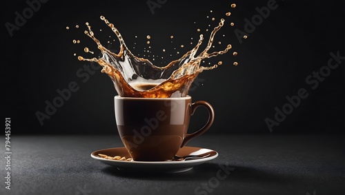 Cup with coffee splash on dark background.