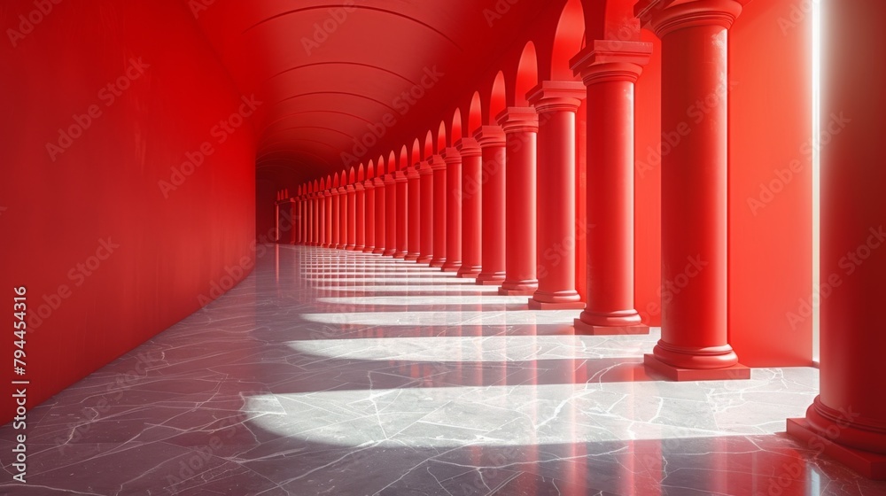 Obraz premium A long hallway with many pillars and a white floor, AI