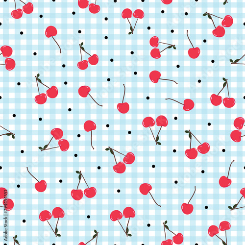 Cherries and dots with plaid pattern seamless fabric design pattern