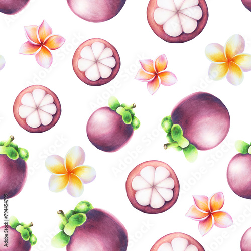 Purple mangosteen and plumeria flowers seamless pattern. Tropical watercolor fruit, flower illustration isolated on background. For designers, spa decoration, postcards, wedding, greetings, wallpapers