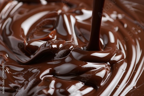 Indulge in the sinfully smooth embrace of liquid chocolate, its glossy surface reflecting the warmth of your desires photo