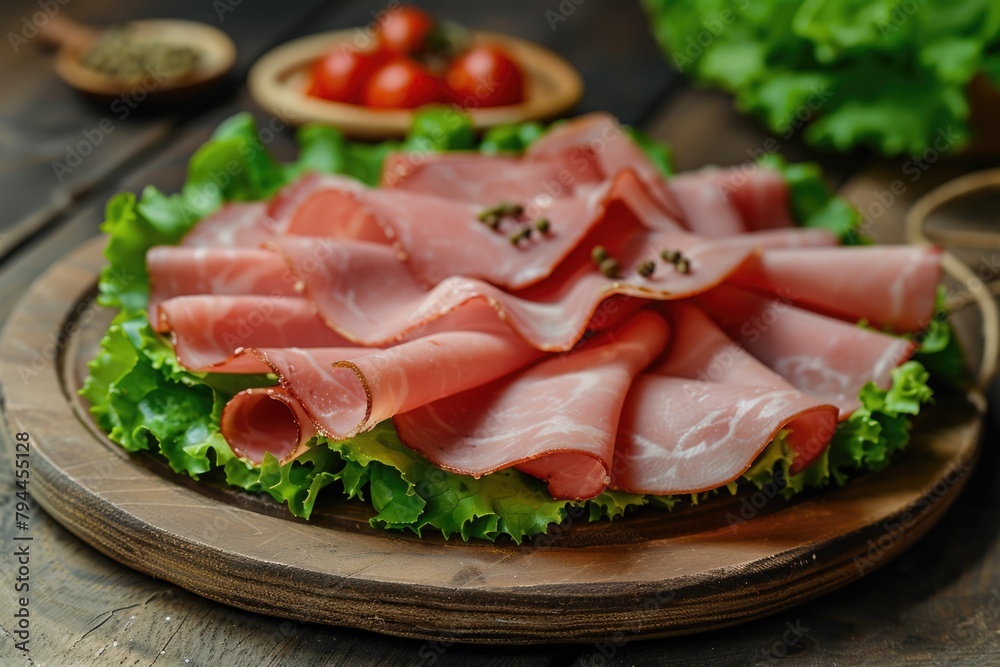 Slices of cured ham arranged on lettuce leaves with cherry tomatoes on wooden board