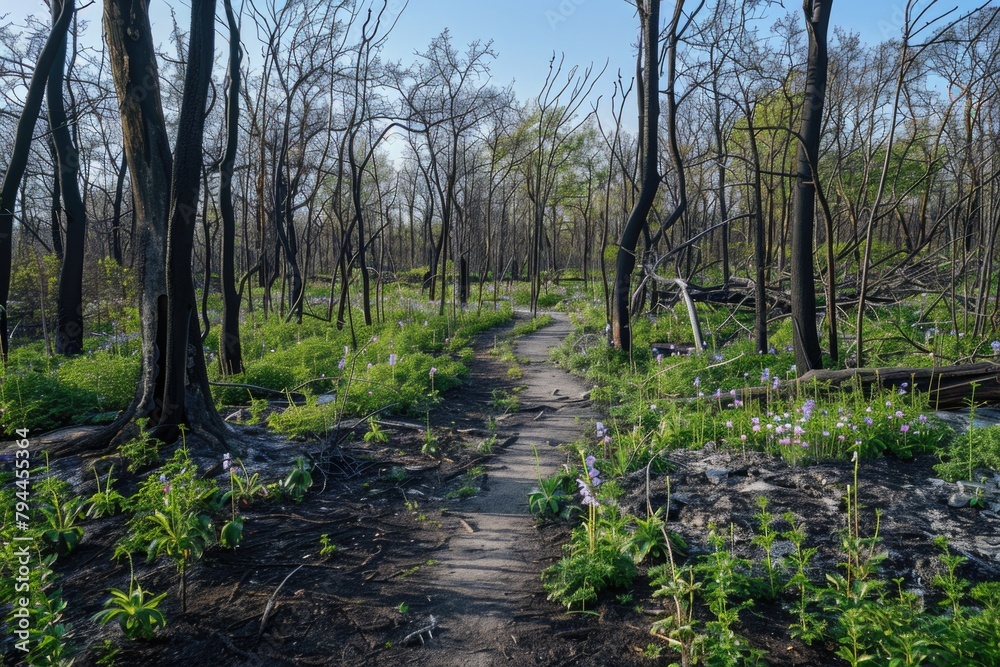Path Through Regrowth in Forest After Wildfire with Young Green Plants