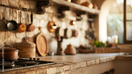 A defocused background of a quaint rural kitchen with a stone countertop oldfashioned stove and a hanging display of woven kitchen utensils. . photo