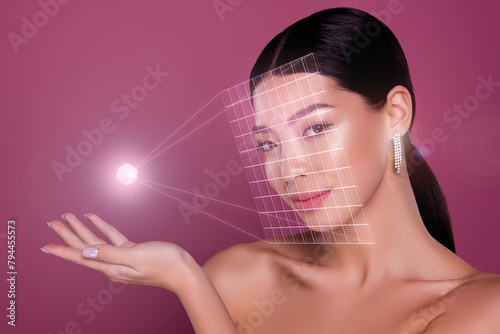 Obraz na plátně Creative abstract futuristic collage of lady using on hand light ray tech applic