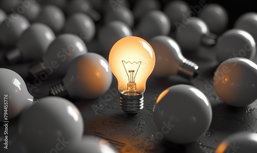 A single glowing lightbulb stands out among shut-off bulbs in a dark area, symbolizing creative thinking, problem-solving, and outstanding solutions