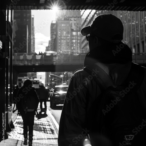 A black and white photo of a man wearing a cap and backpack walking away from the camera on a busy city street with the sun shining through the buildings.
