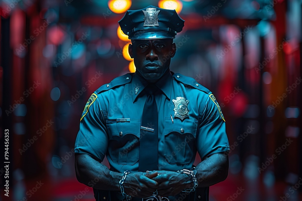 A police officer stands with crossed arms in a dark room