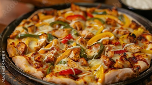 Chicken fajita pizza with peppers and garlic dip