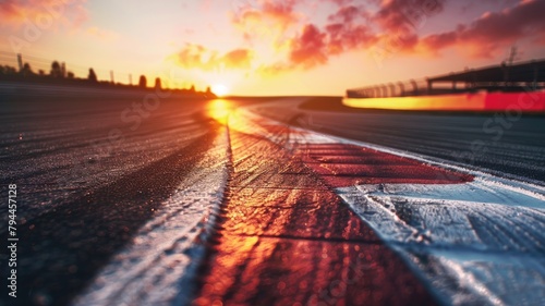 Sunset on racetrack with bright skies and urban skyline