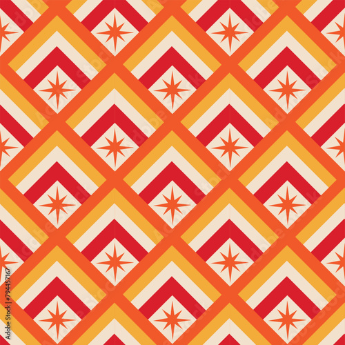 Mid Century Red Atomic Starbursts on Geometric Diamonds seamless pattern in orange, yellow and red. For home décor, wallpaper and fabric