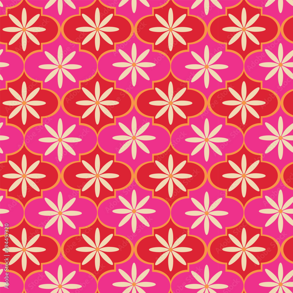 Retro White Flowers on Red and Pink Moroccan Tile seamless pattern. For Islamic backgrounds, Textile and Fabric Retro White Flowers on Red and Pink Moroccan Tile seamless pattern. For Islamic backgrounds, Textile and Fabric