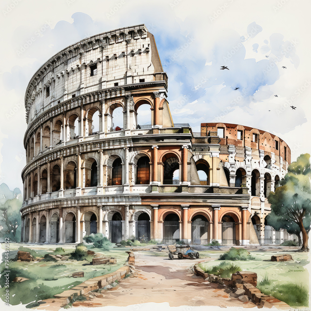 Fototapeta premium Watercolor colosseum, clipart Illustration, Generative Ai