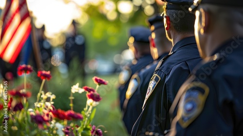 Law enforcement officers in uniform at ceremony with flowers and flag