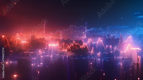 Illuminated Cityscape With Vibrant Stock Market Graph Overlay photo