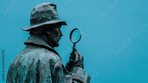 Statue of detective with magnifying glass against blue background photo