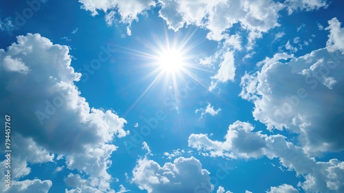 Bright sun shining in blue sky with fluffy clouds