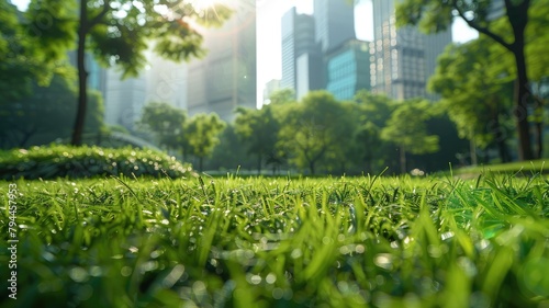 Sunlight filters through trees onto fresh grass in urban park with skyscrapers background photo