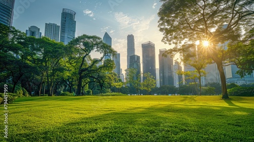 Lush green park with trees in foreground and skyscrapers background under clear sky