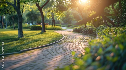 Sunlight streaming through trees onto curved pathway in serene park