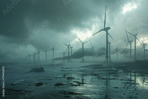 Windmill park and wind turbines standing in the sea on a cloudy day © ELmidoi-AI