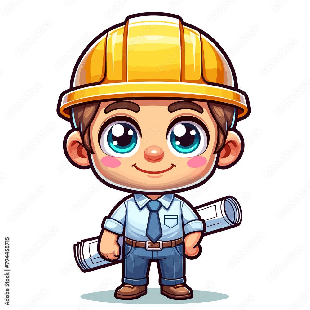 Cartoon Construction Worker with Blueprints, Building and Engineering Cartoon Construction Worker with Blueprints, Building and Engineering