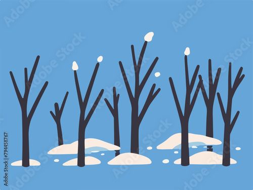 Danger Signs - Global Warming with a vector depicting a dry tree in a cold landscape surrounded by melting ice, creating a dramatic image of the impact of global warming.