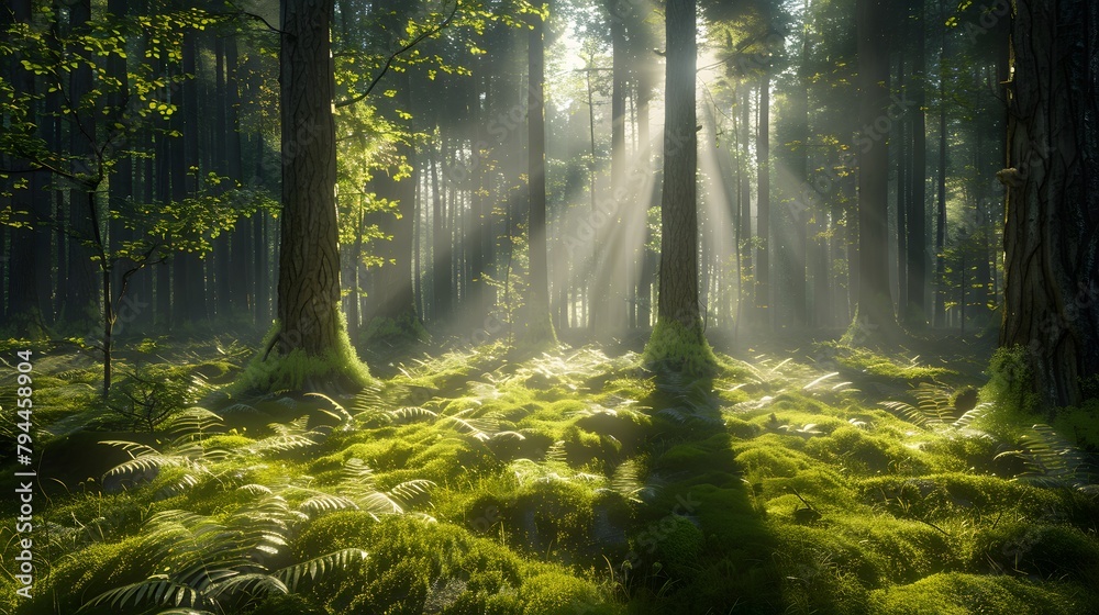 A peaceful forest glade, with sunlight filtering through the trees to illuminate a carpet of moss and ferns 8k wallpaper  