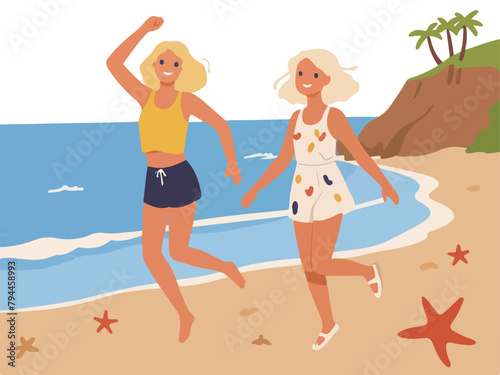 Joyful Beach Vacation - Vector Illustration of a Happy Girl Jumping Amidst Beach Scenery.