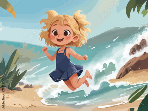 Joyful Beach Vacation - Vector Illustration of a Happy Girl Jumping Amidst Beach Scenery.
