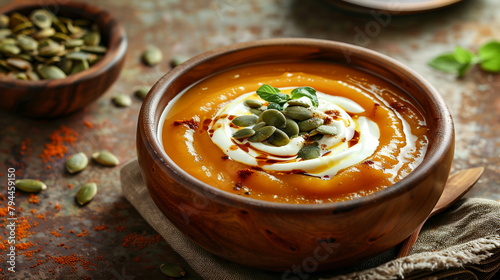 Butternut squash soup with a swirl of cream and toasted pumpkin seeds.