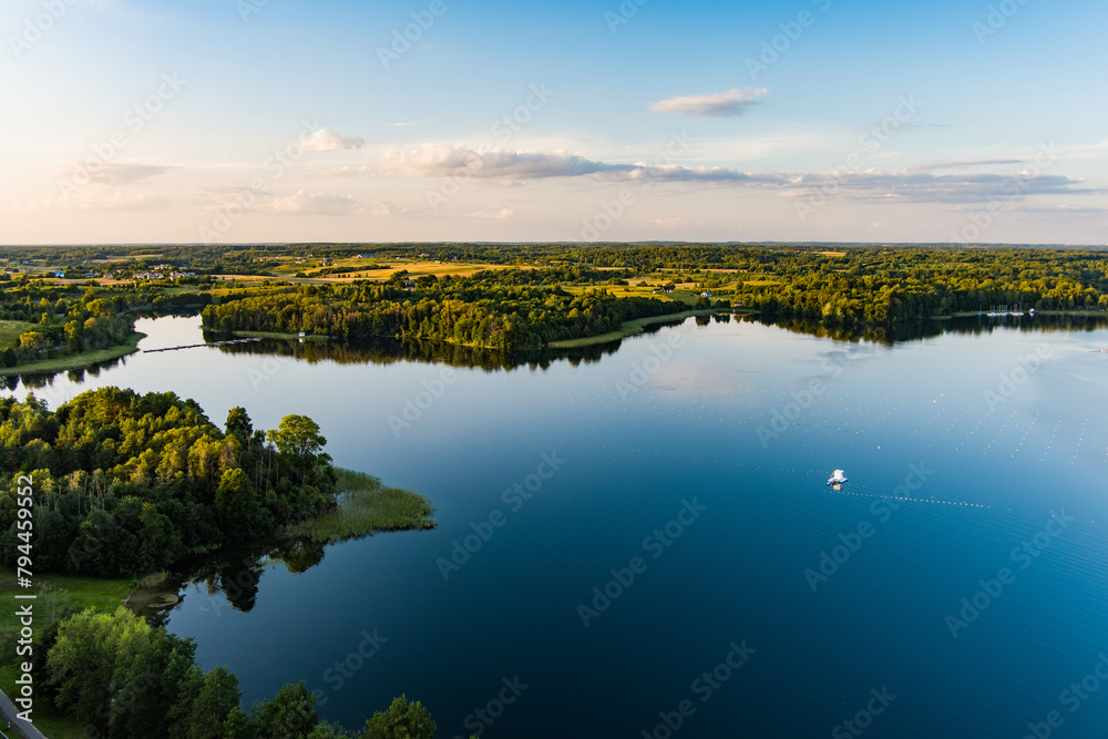 Beautiful aerial view of lake Galve, favourite lake among water-based tourists, divers and holiday makers, located in Trakai, Lithuania.