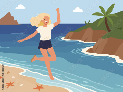 Joyful Beach Vacation - Vector Illustration of a Happy Girl Jumping Amidst Beach Scenery.