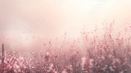 A gentle mist of rose-colored particles wafts through a softly blurred landscape, imparting a sense of delicate romance.