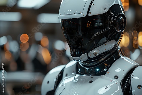 Close up of a robot in metal armour wearing helmet and headphones