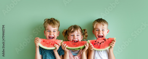 Cute Summer Kids Eating Wat...