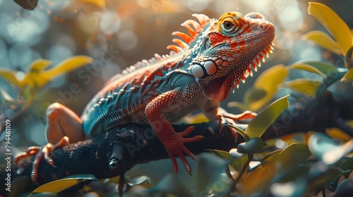 A portrait colourful lizard sitting on the branch of tree in the forest 8k wallpaper  